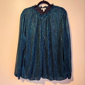 Metallic Green and Black Button Up Blouse